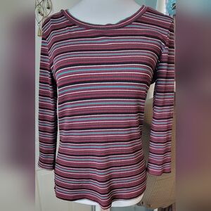 90s Y2K Vintage Ribbed 3/4 Sleeve Top Womens L Burgundy Black Striped Stretchy